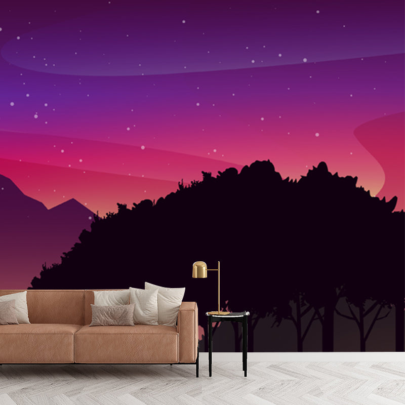 Modern Forest Starry Night Mural Purple-Red Stain Resistant Wall Art for Bedroom