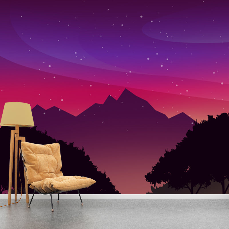 Modern Forest Starry Night Mural Purple-Red Stain Resistant Wall Art for Bedroom