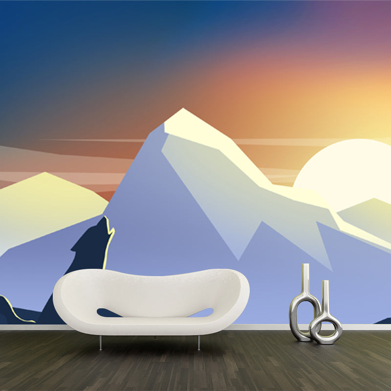 Yellow-White Modern Mural Decal Large Wolf Howl at Sunset Print Wall Covering for Home