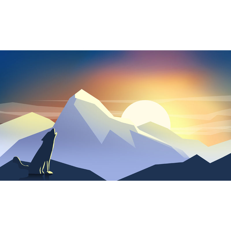 Yellow-White Modern Mural Decal Large Wolf Howl at Sunset Print Wall Covering for Home