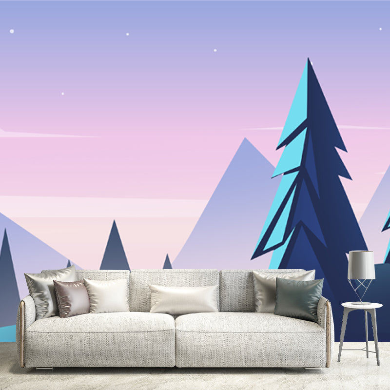 Pipe Tree Starry Night Mural Wallpaper Modern Smooth Surface Wall Decor in Purple-Blue