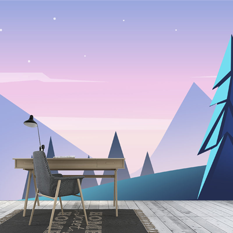 Pipe Tree Starry Night Mural Wallpaper Modern Smooth Surface Wall Decor in Purple-Blue