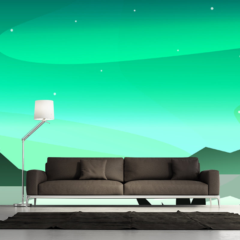 Nordic River Night Scene Mural in Green Stain Proof Wall Covering for Living Room