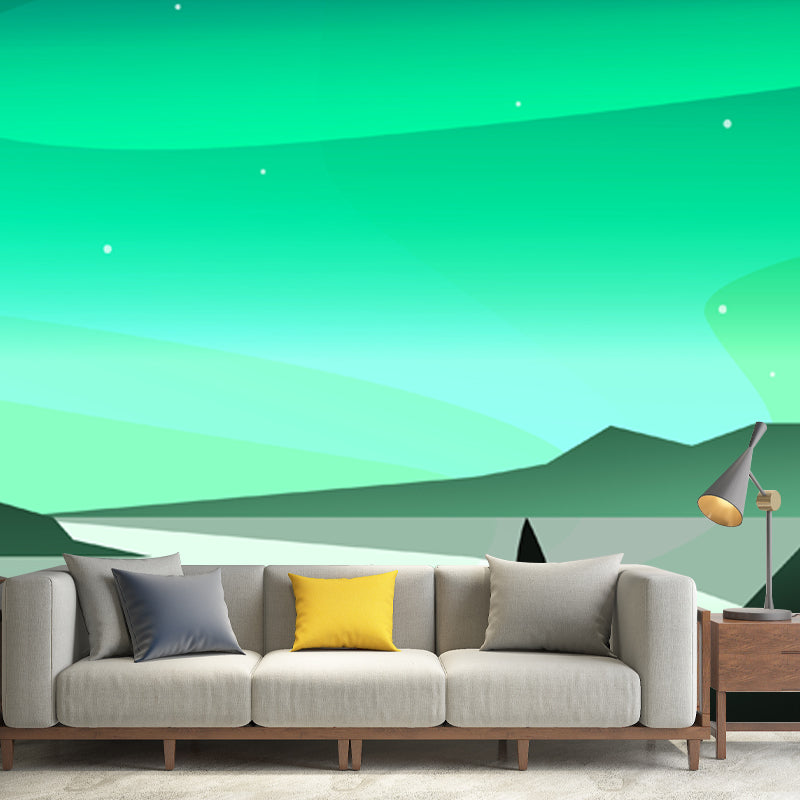 Nordic River Night Scene Mural in Green Stain Proof Wall Covering for Living Room