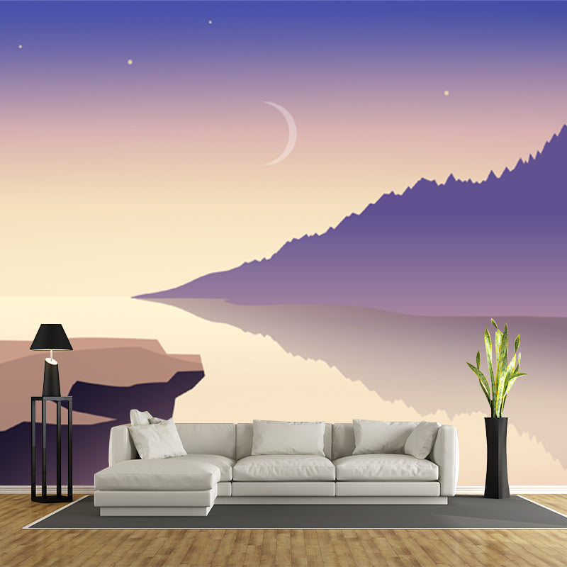 Non-Woven Stain Resistant Mural Modern River and Moon Night Starry Sky Print Wall Art in Purple-Yellow