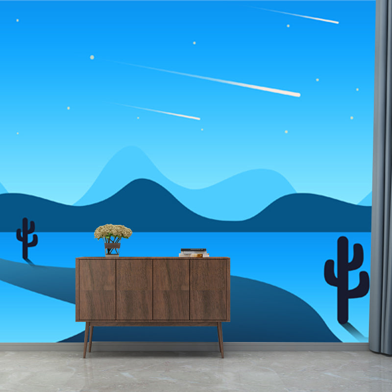 Personalized Illustration Modern Mural with Pathway Cactus and Night Meteor Pattern in Blue