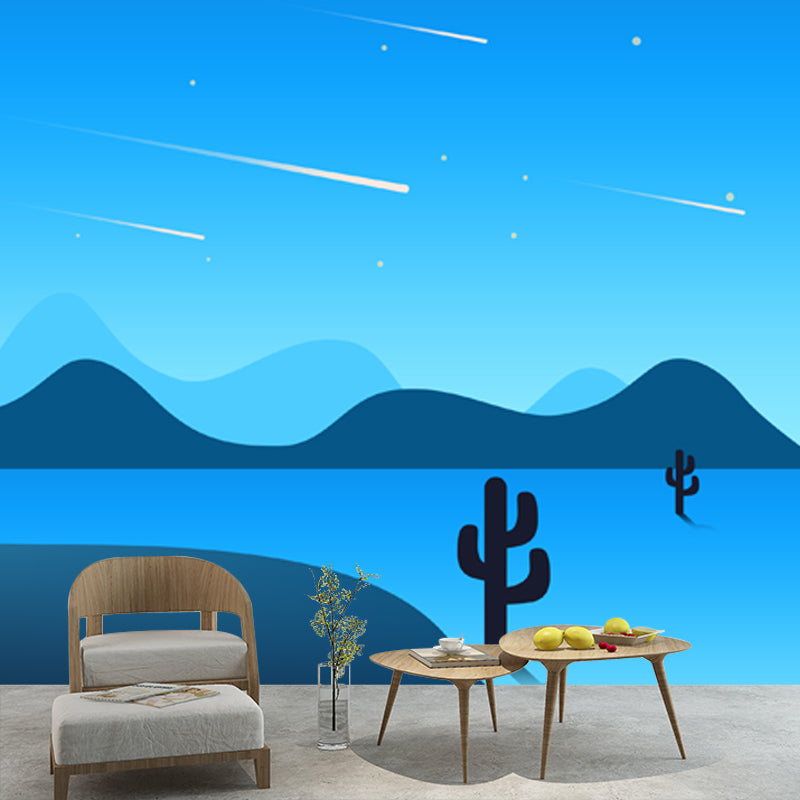Personalized Illustration Modern Mural with Pathway Cactus and Night Meteor Pattern in Blue