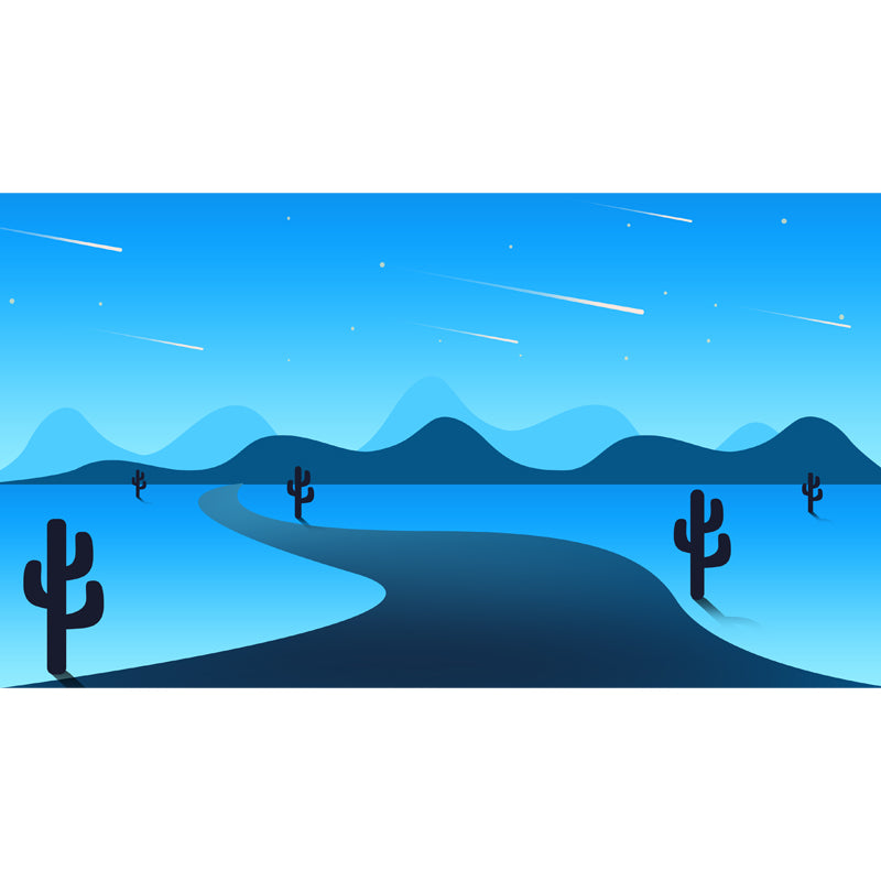 Personalized Illustration Modern Mural with Pathway Cactus and Night Meteor Pattern in Blue