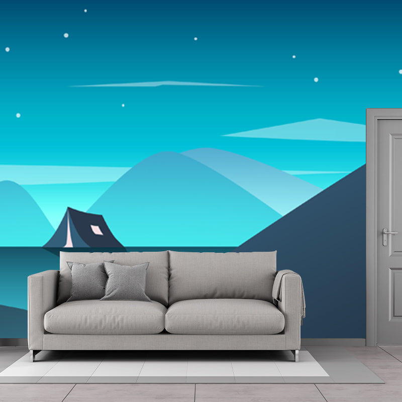 Large Tent in Mountain Mural for Bedroom Night Bright Stars Wall Decor in Aqua, Waterproof