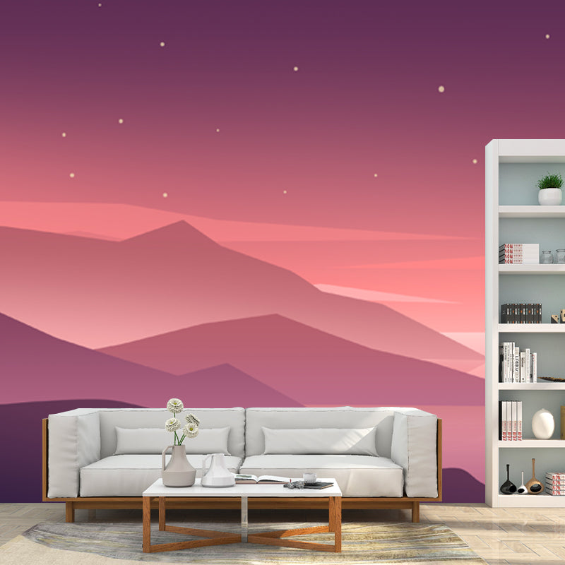Starry Sky Mountain Landscape Mural Modern Non-Woven Fabric Wall Covering in Orange-Purple