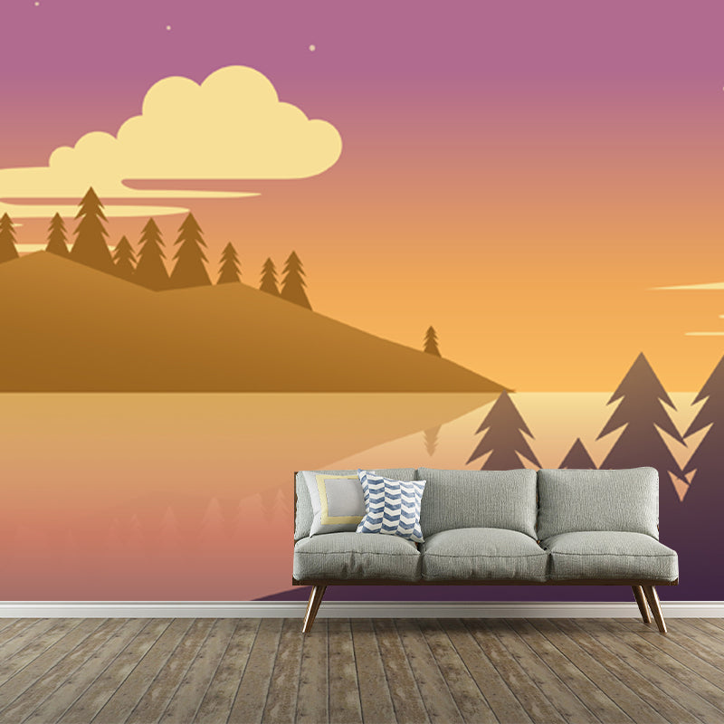Riverine Forest at Dusk Mural Purple-Yellow Modern Style Wall Art for Living Room