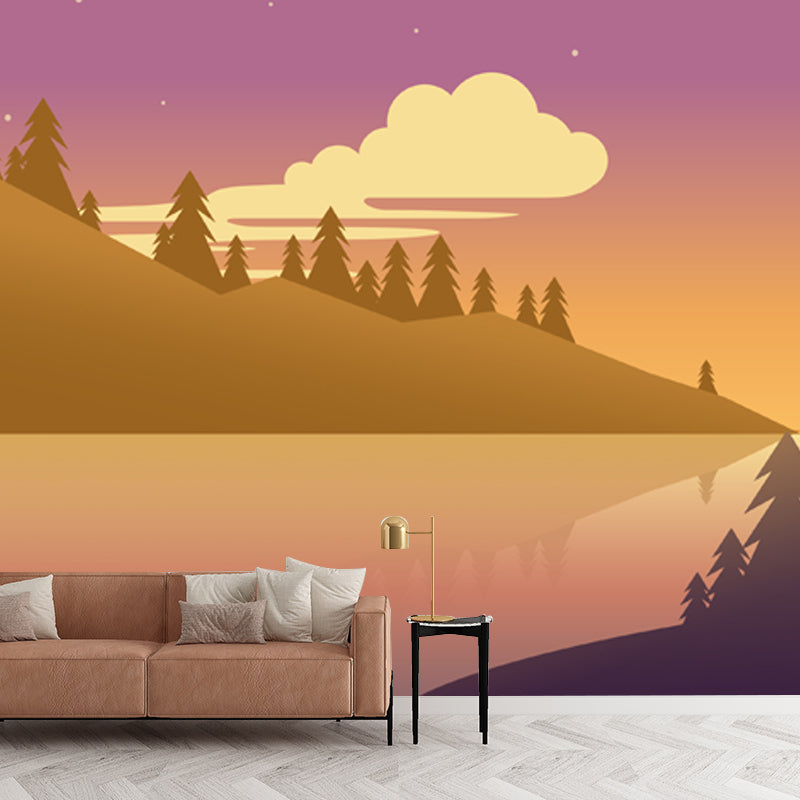 Riverine Forest at Dusk Mural Purple-Yellow Modern Style Wall Art for Living Room