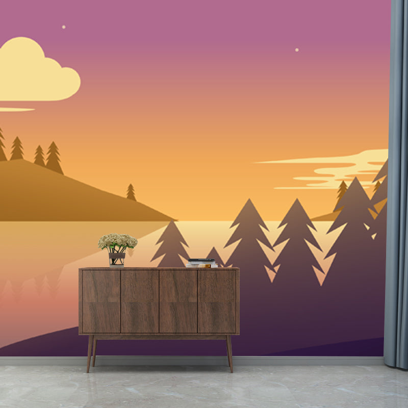 Riverine Forest at Dusk Mural Purple-Yellow Modern Style Wall Art for Living Room