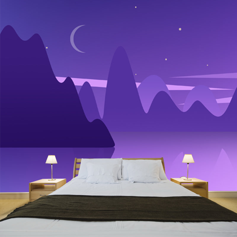 Purple Mountain Lake Reflection Mural Night Landscape Modern Washable Wall Art for Home