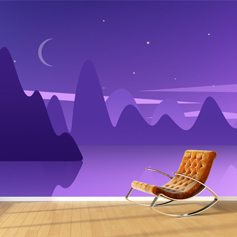Purple Mountain Lake Reflection Mural Night Landscape Modern Washable Wall Art for Home