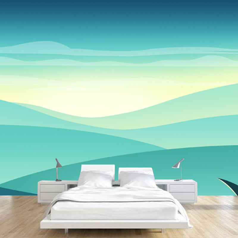 Green Modernist Mural Wallpaper Full-Size Sunrise Landscape Wall Decor for Bedroom