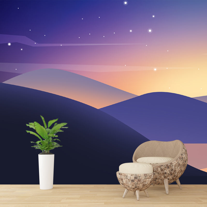 Modern Night River View Mural Purple-Yellow Twinkling Stars Wall Covering for Home