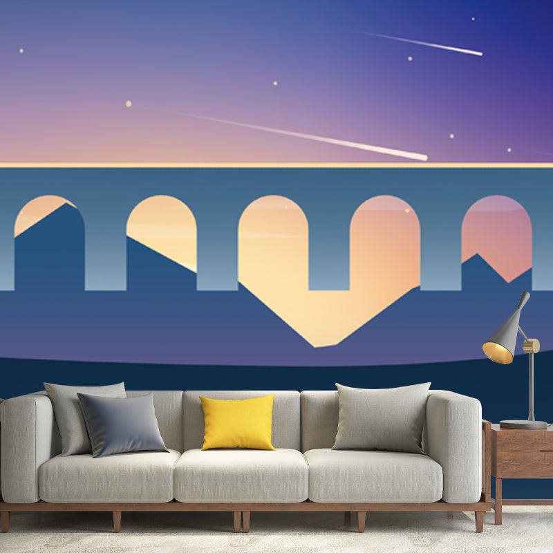 Purple-Blue Wild Cactus Mural Meteor Night Sky Nordic Water-Proof Wall Decor for Bedroom