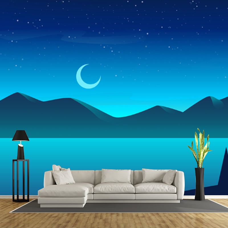 Night Time Mountain River Mural Modern Non-Woven Wall Art in Blue for Living Room