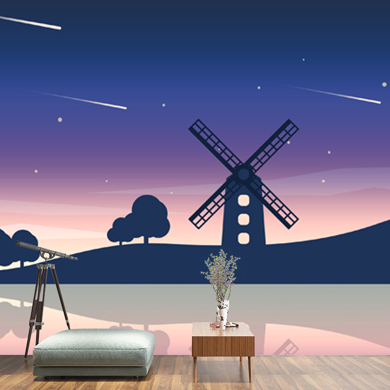 Big Riverside Windmill Mural Wallpaper Nordic Dreamy Meteor Shower Wall Covering in Purple-Blue