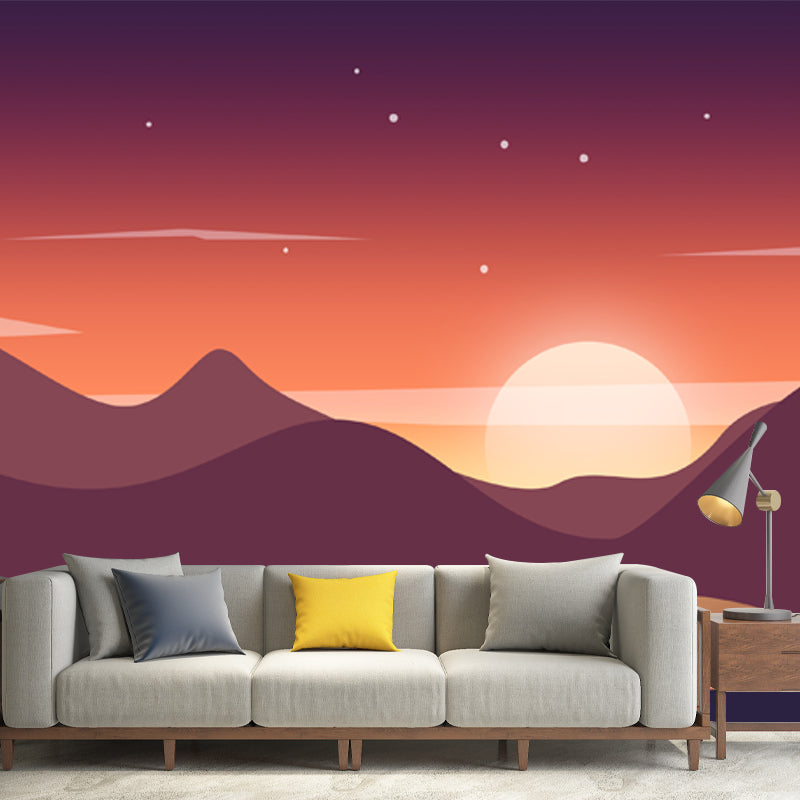 Modern Starry Scenery Wall Mural Yellow-Brown Big Moon Behind Mountain Wall Decor