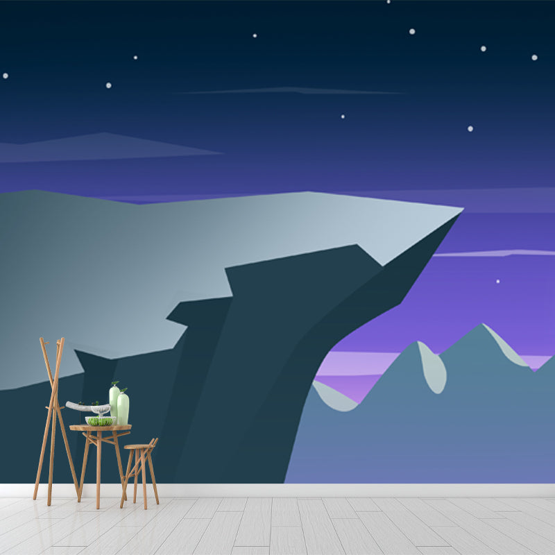 Non-Woven Waterproof Mural Modern Art Cliff and Moon Night Wall Covering in Purple