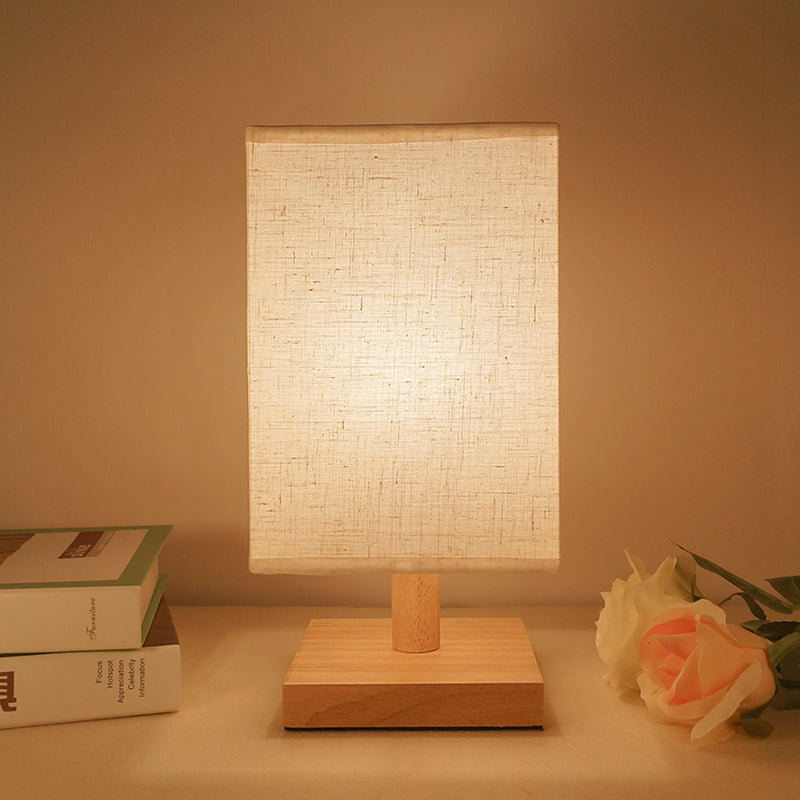 White Fabric Rectangle Standing Table Light Country Style 1 Head Bedroom Table Lamp with Wooden Base