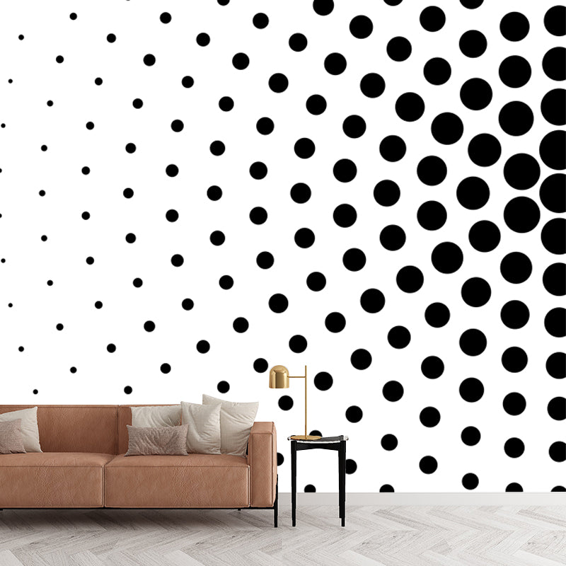 Modern Polka Dots Radial Mural Black and White Moisture Resistant Wall Decor for Bedroom