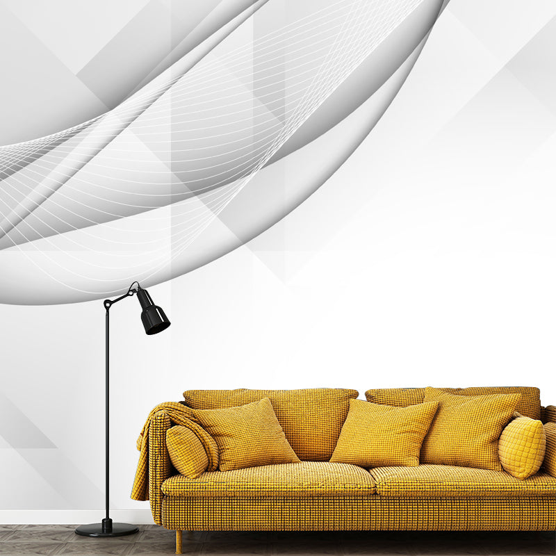White Minimalistic Mural Wallpaper Full Size Abstract Line Wall Art for Living Room