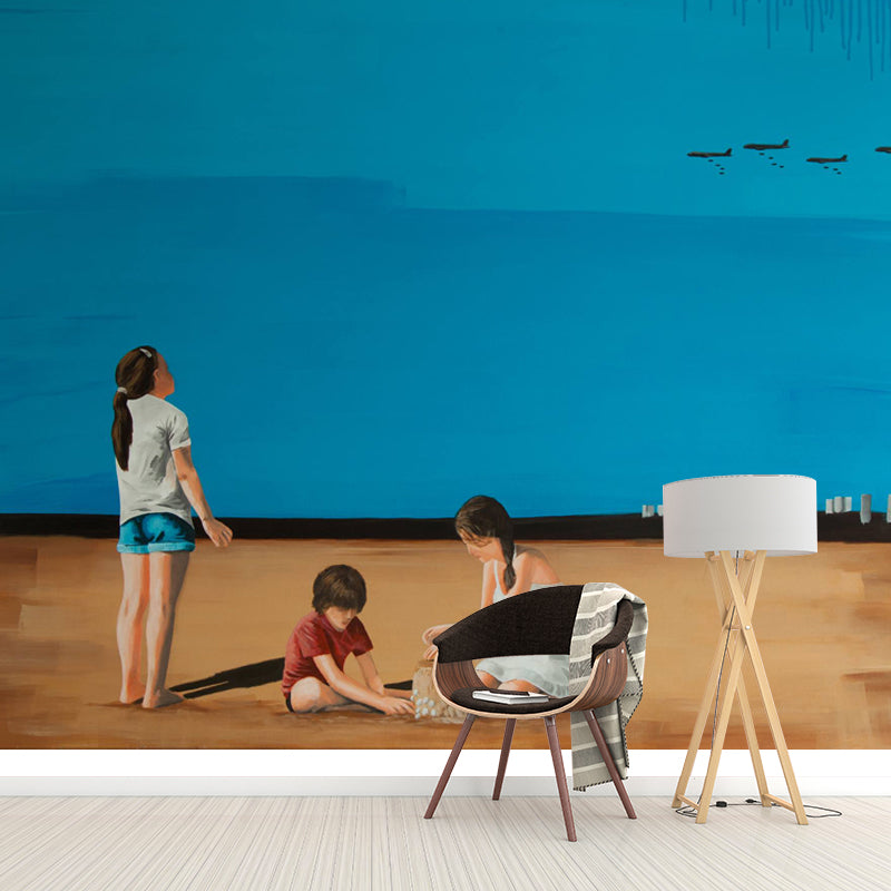 Artistic Kids Wall Paper Mural with Have Fun at Beach Painting Blue-Brown Wall Covering