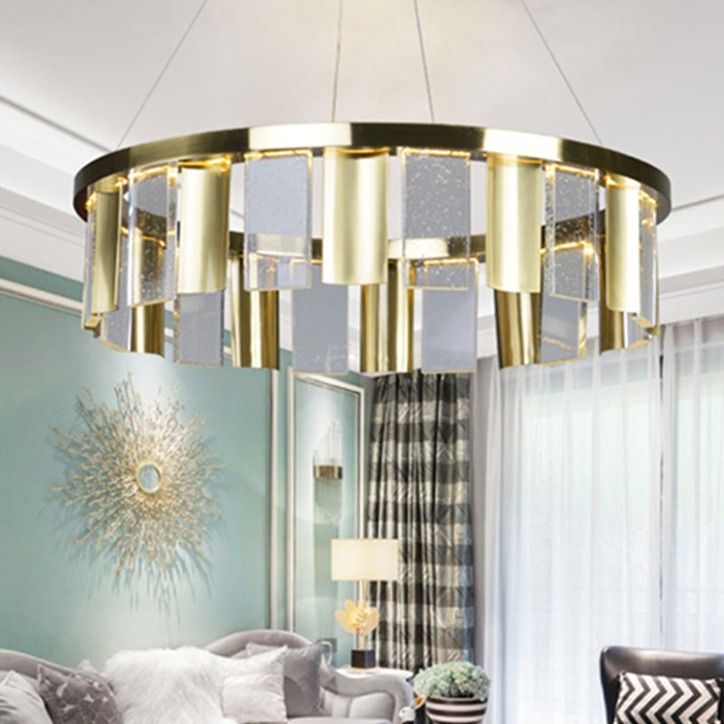 Round Drawing Room Ceiling Pendant Light Contemporary Crystal Panel LED Gold Chandelier