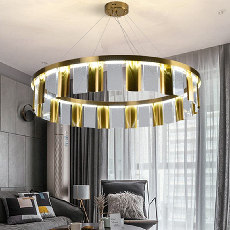 Round Drawing Room Ceiling Pendant Light Contemporary Crystal Panel LED Gold Chandelier