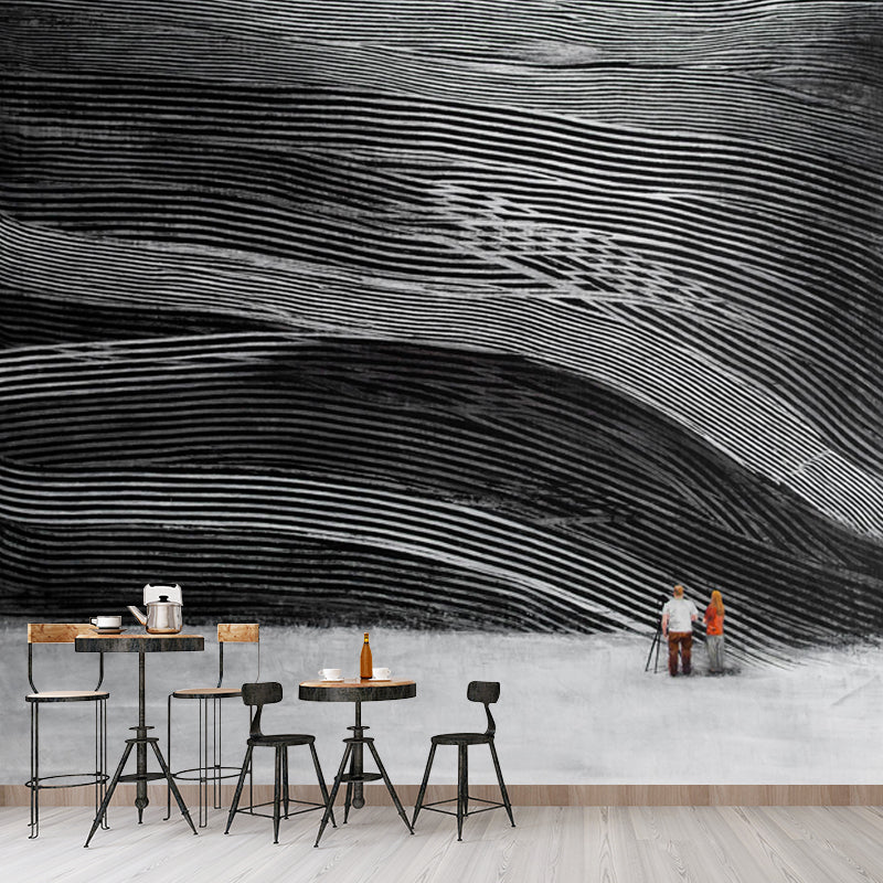Modern Art Layered Wall Murals Black and Grey Abstract Wall Covering for Bedroom