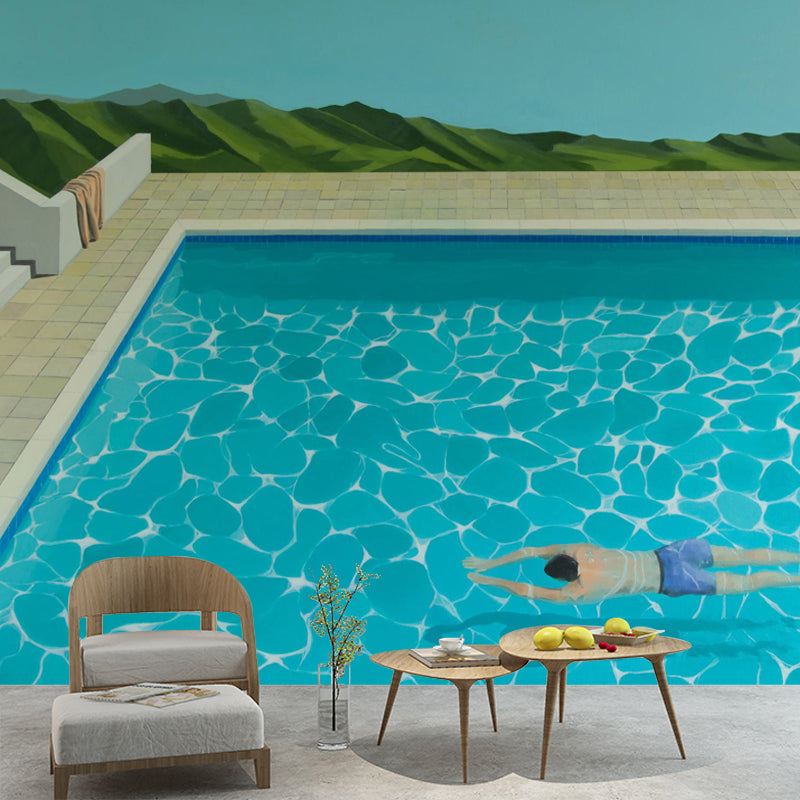 Breaststroke Swimming Murals Wallpaper Blue Artistic Wall Covering for Living Room