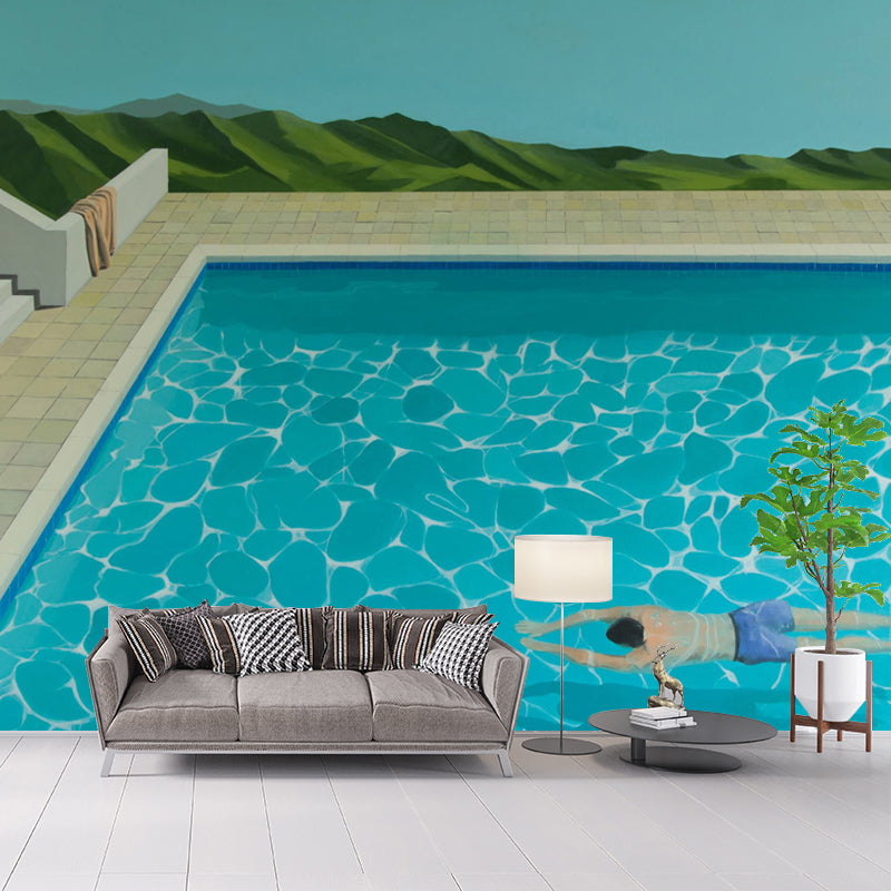 Breaststroke Swimming Murals Wallpaper Blue Artistic Wall Covering for Living Room