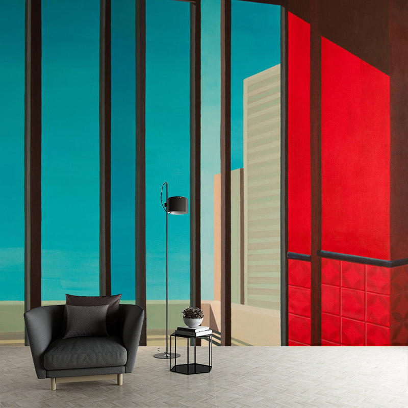 Contemporary Window Painting Murals Red-Blue Waterproofing Wall Art for Living Room
