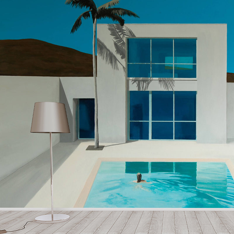 Swimming Pool Wall Mural Blue and White Art Deco Wall Covering for Living Room, Custom-Print