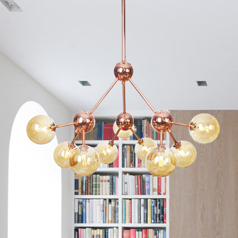 Rame 3/9/12 luci lampadario a soffitto Vintage Clear/Amber Glass Orbomago a sospeso con design di ramo, 13 "/27,5"/34 "W