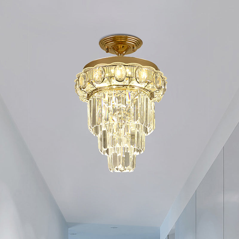 Taper Corridor Ceiling Lamp Modern Clear Crystal Blocks Gold Finish LED Semi Mount Lighting