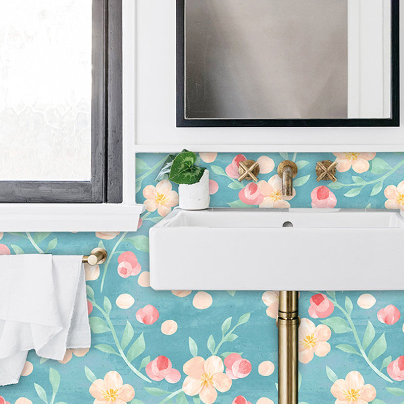 Blue Flower Branch Adhesive Wallpapers Easy Peel Off Wall Covering for Kitchen, 34.2-sq ft