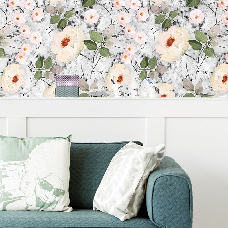 Adhesive Big Peony Blossom Wallpaper for Stairs 34.2-sq ft Wall Art in Grey-White, Removable