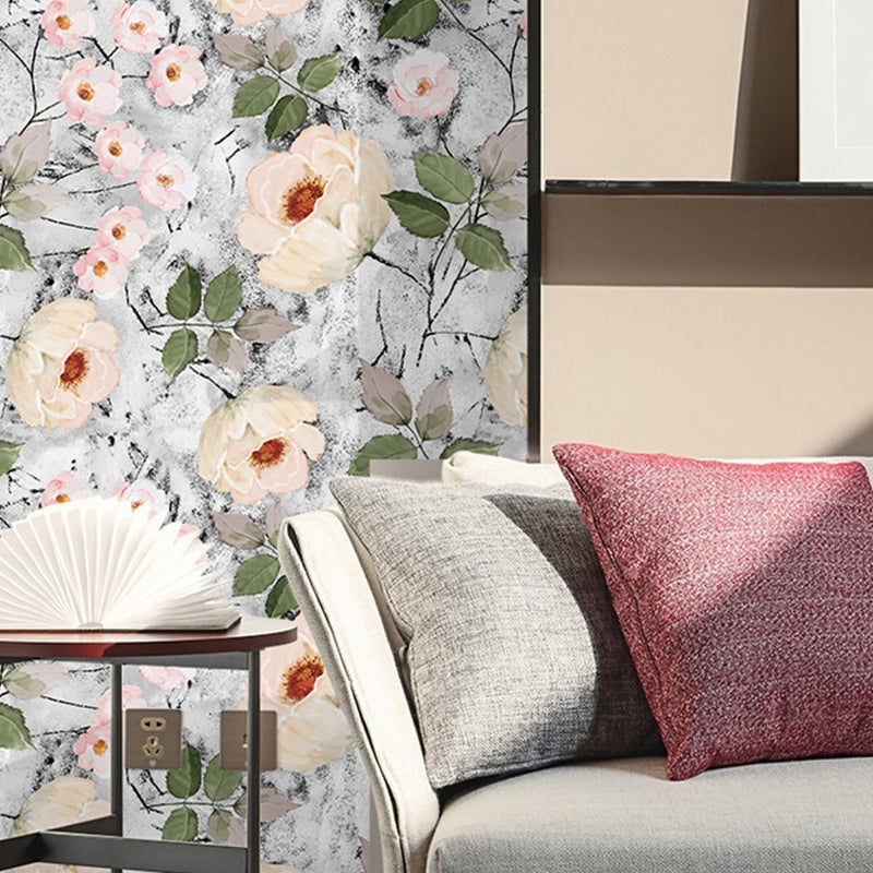 Adhesive Big Peony Blossom Wallpaper for Stairs 34.2-sq ft Wall Art in Grey-White, Removable