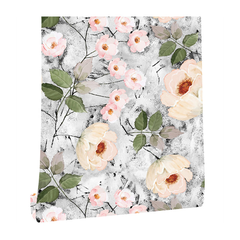 Adhesive Big Peony Blossom Wallpaper for Stairs 34.2-sq ft Wall Art in Grey-White, Removable