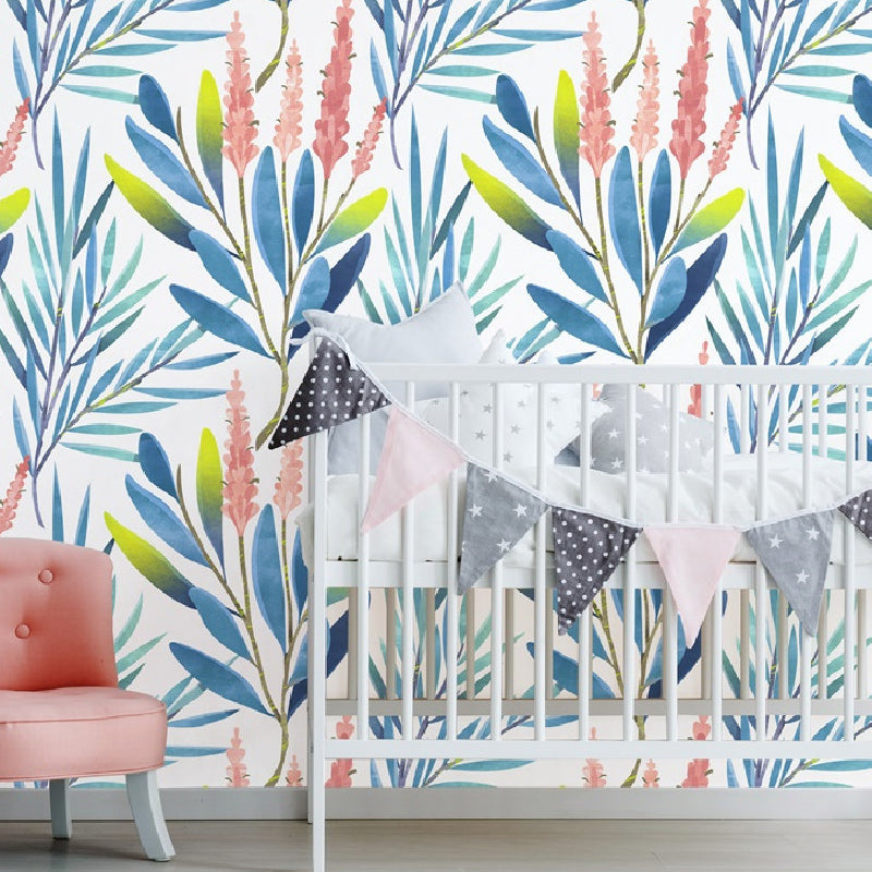Papel tapiz floral de acuarela rústica, decoración de pared autoadhesiva temporal azul para sala de estar