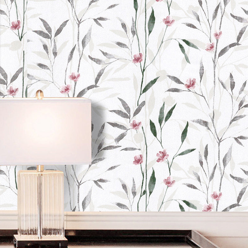 Floral Peel and Stick Wallpaper in Red-Green on White Countryside Wall Art for Living Room, Temporary