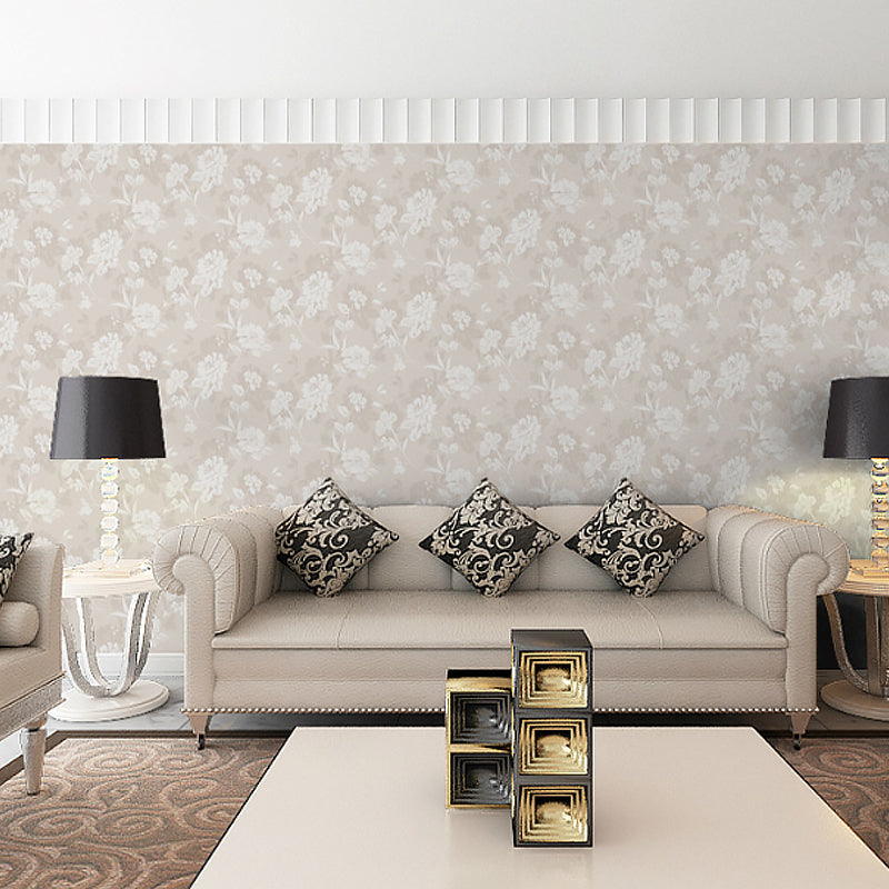 Blooming Peony Print Wallpaper Roll Light-Grey Rustic Wall Covering for Living Room