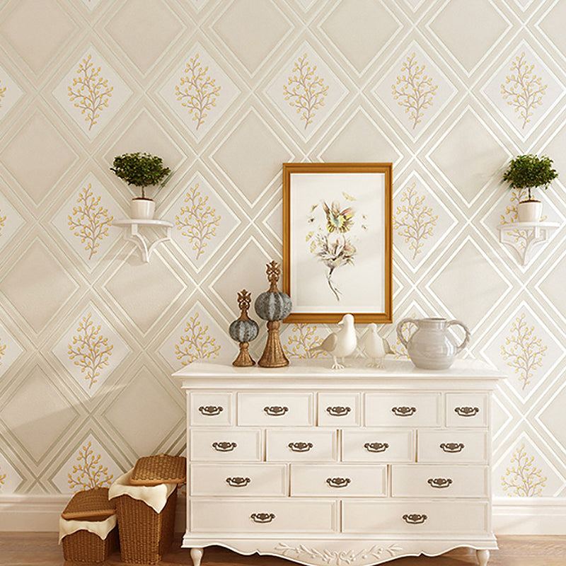 Botanical Rhombus Patterned Wallpaper Roll Modern Flock Wall Decor for Living Room