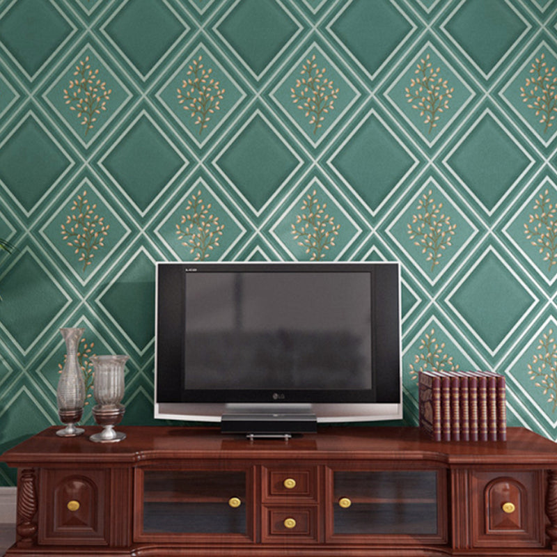Botanical Rhombus Patterned Wallpaper Roll Modern Flock Wall Decor for Living Room