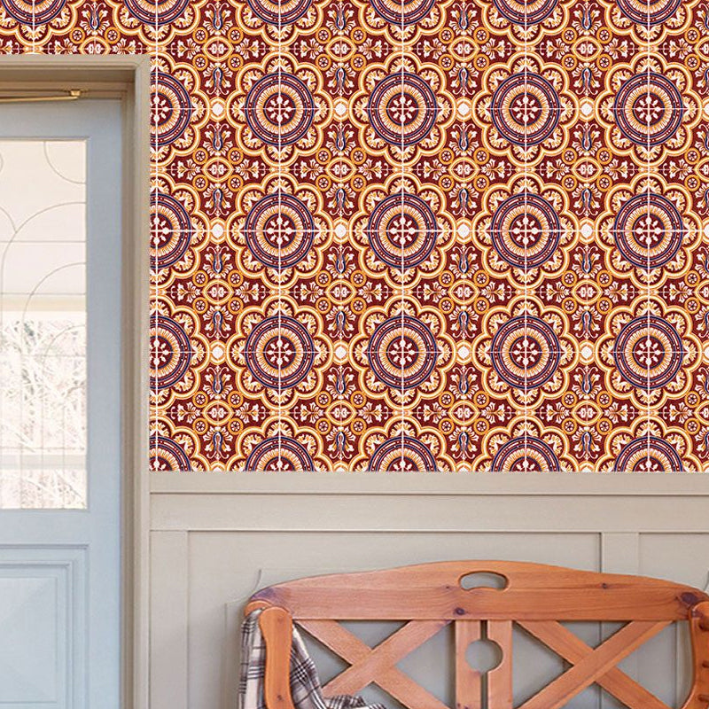 Boho Chic Flower Wallpaper Panel Orange Seamless Pattern Wall Art for Kitchen, Self Adhesive