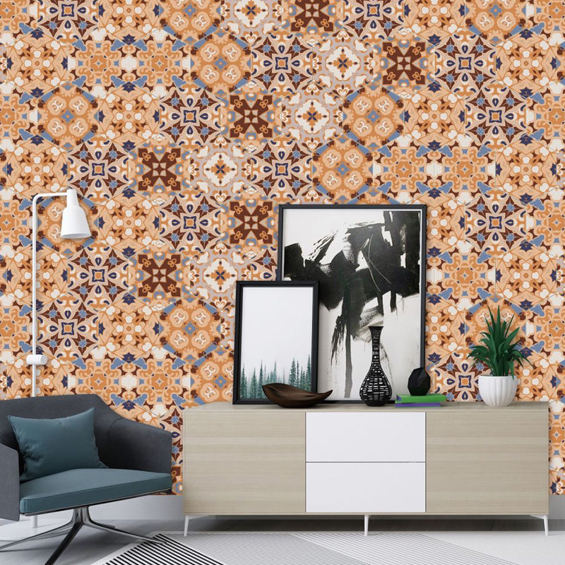 Boho Floral Wallpaper Panel Set PVC Peel and Stick Orange-Blue Wall Decor for Home